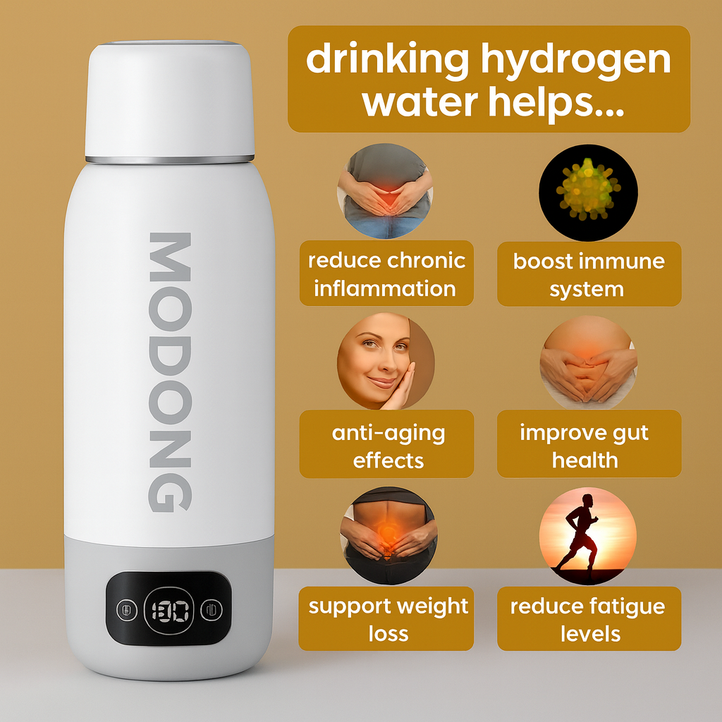 White water bottle with 'MODONG' branding on a beige background with health benefits text.